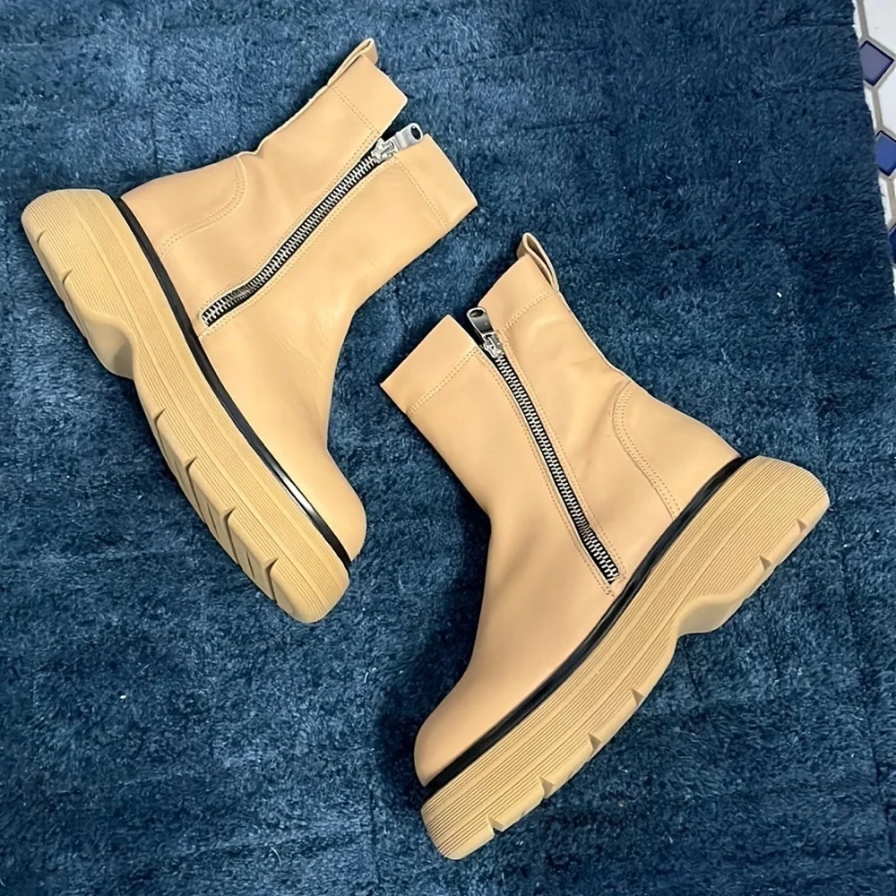 New Free People Mara Zip Moto Boots in Latte Brown Leather Size 37 or 7